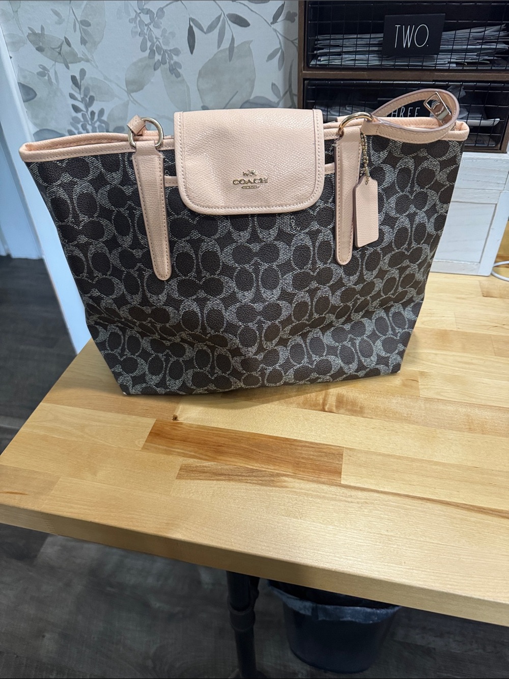 Coach Brown Signature Canvas Tote with Cream Trim